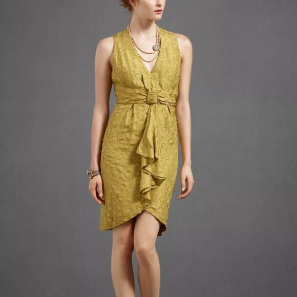 New Quillaree BHLDN x Anthropologie Yellow Silk Tethered Dot Dress 0 - Picture 1 of 11